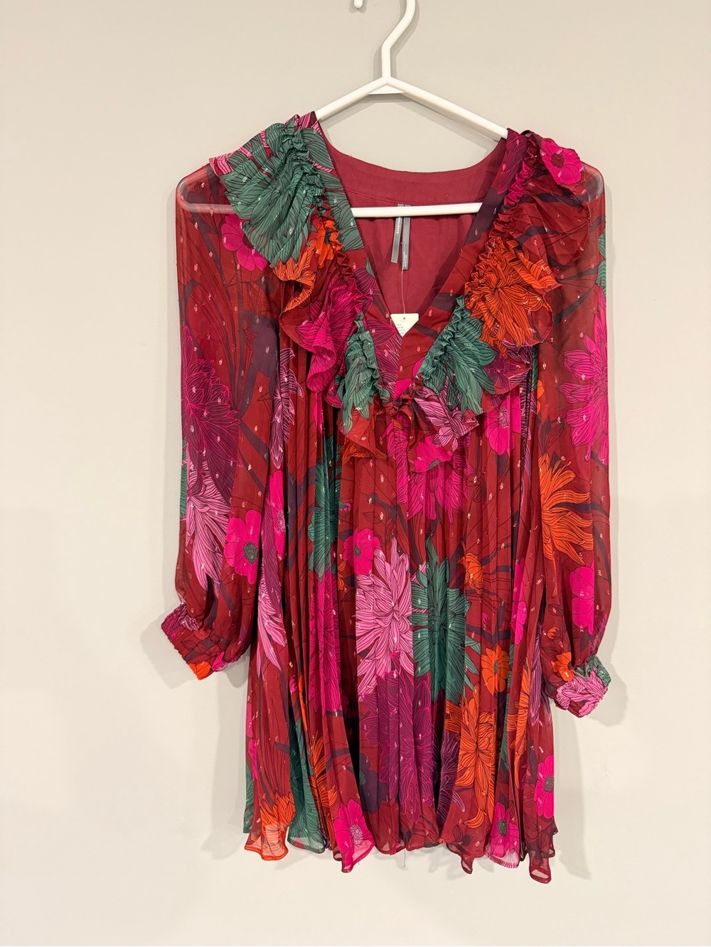 Anthropologie Floral Ruffle V-Neck Women’s Babydoll dress in Burgundy and Pink